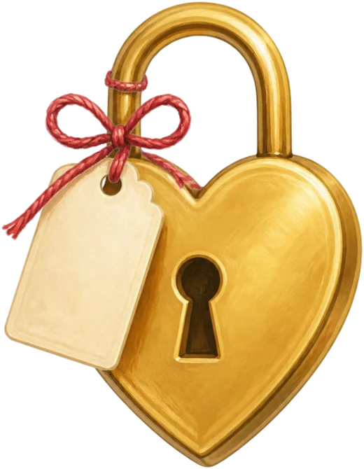 A gold heart-shaped padlock with a paper tag