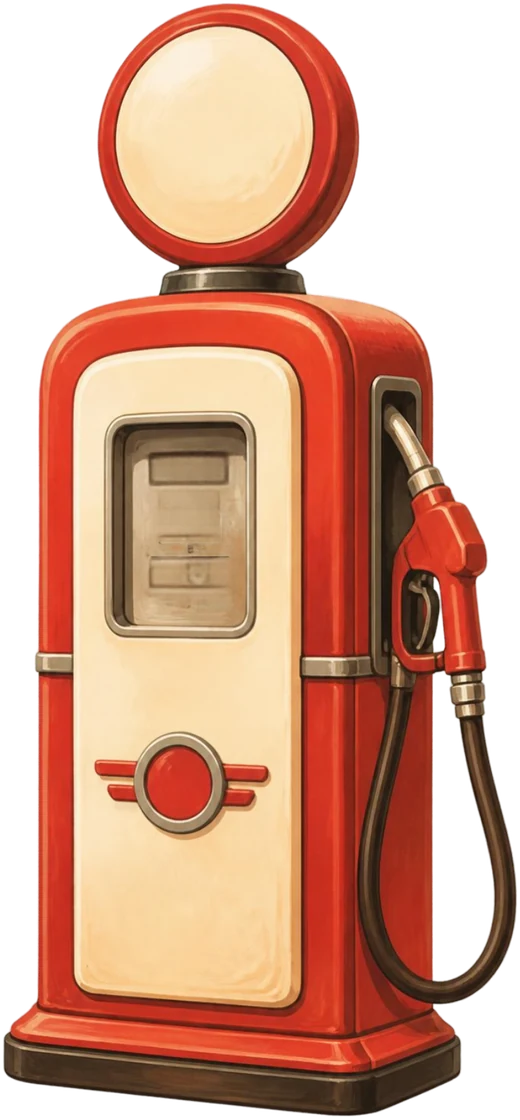 A red vintage petrol pump with its nozzle