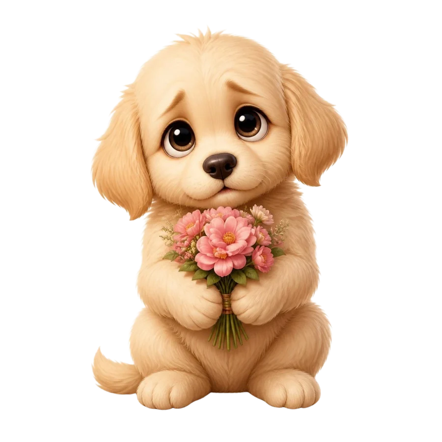 A puppy holding flowers, looking sorry