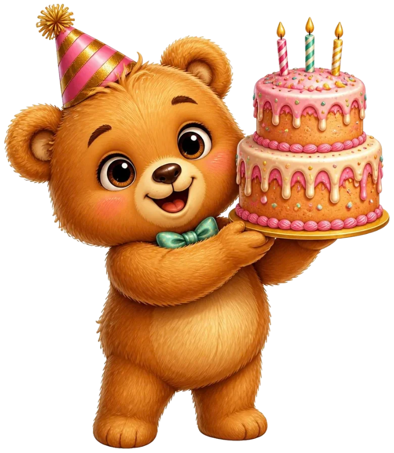 A teddy bear holding a birthday cake