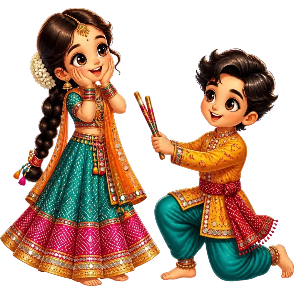 He kneels and offers her a pair of dandiyas