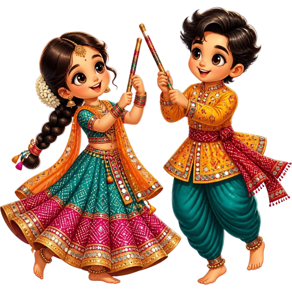 A cartoon couple about to clash their dandiyas