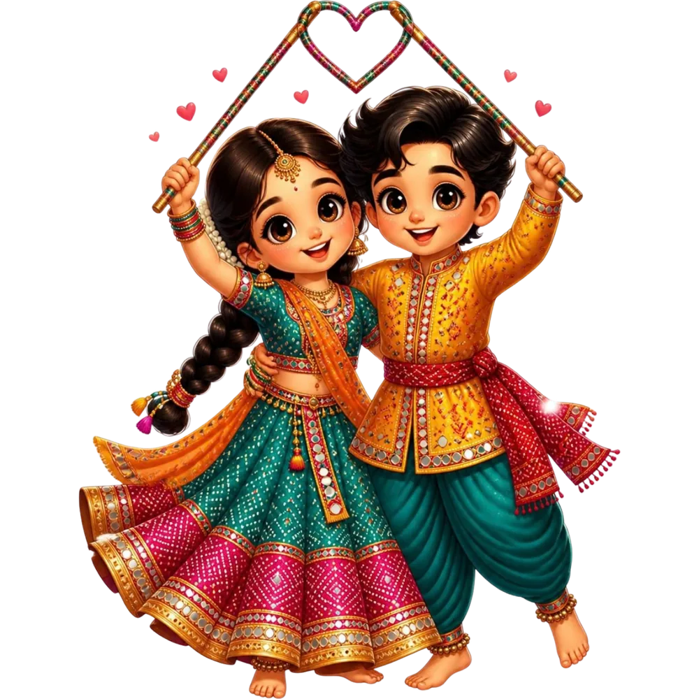 The couple making a heart with their dandiyas