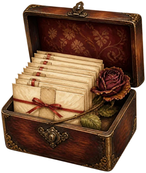 An antique wooden keepsake box full of old letters