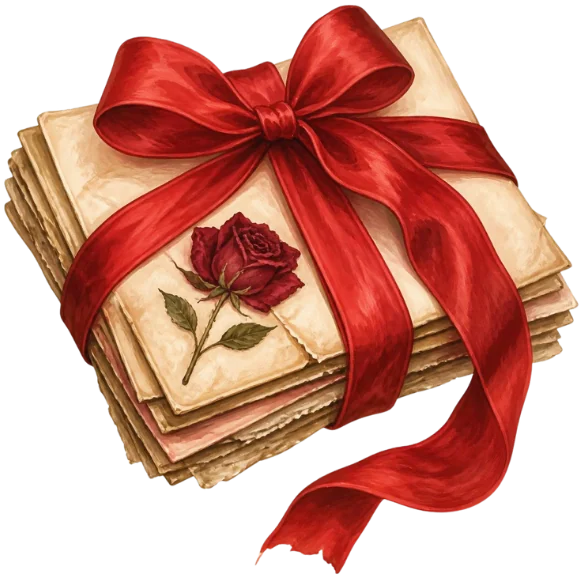 A stack of letters tied with a red silk ribbon