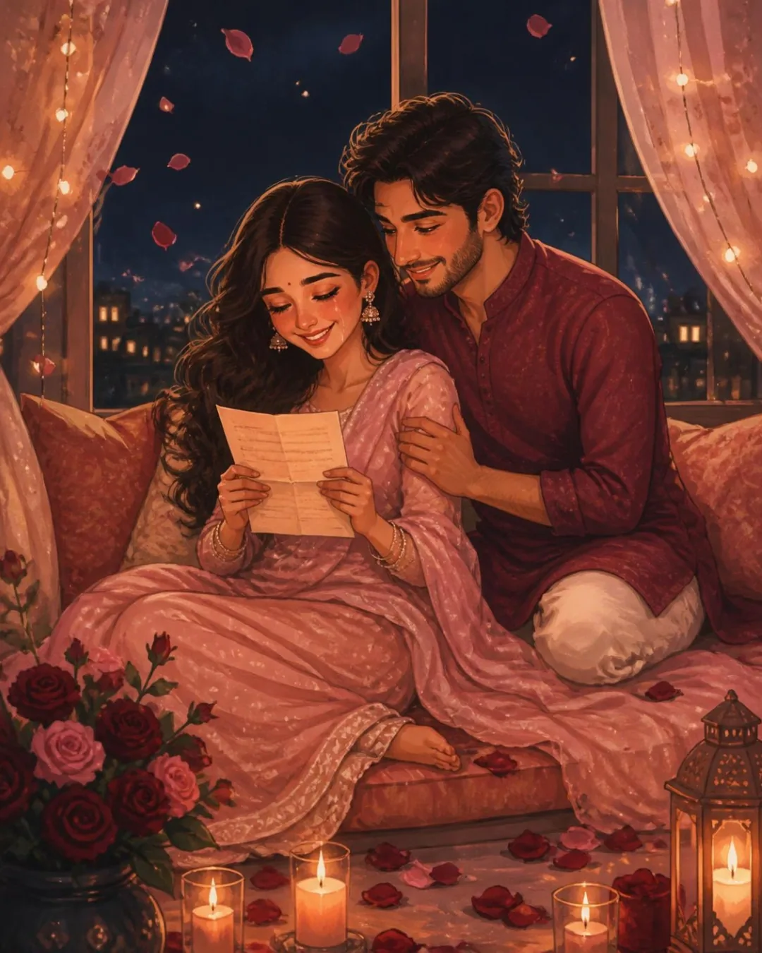 A couple curled up by a moonlit window, reading a love letter together